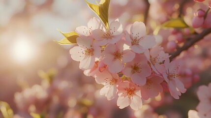Fototapeta premium Enchanting cherry orchard in full bloom at sunrise
