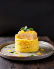 Tasty Peruvian Causa Rellena. Layered mashed potato dish filled with chicken. Delicious food