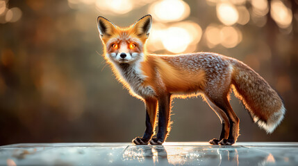surreal close up view of fox with glowing eyes, showcasing its vibrant fur and striking features in dreamy setting