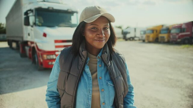Camera moving away from woman in blue shirt and light-colored baseball cap. Trucker looking at camera. Proud of working in delivery company. Trucks parked in rows. Busy or industrial setting.