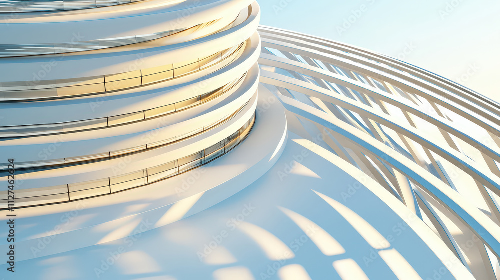 Poster Futuristic building with sleek curves and layered design, showcasing modern architecture