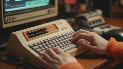 Vintage computing scene with retro keyboard and crt monitor in warm office setting