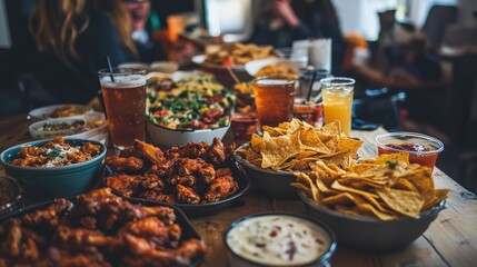 Delicious super bowl snacks spread with nachos, wings, and beverages for game day celebration
