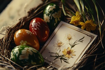 Easter eggs and a congratulatory card in a professional photo setup.