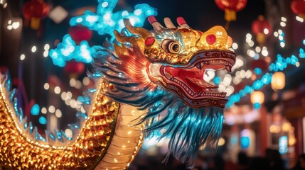 Fototapeta premium Traditional dragon dance under festive lanterns with vibrant costumes and decorations