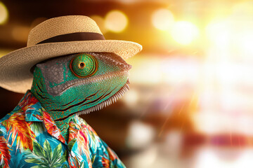 Obraz premium chameleon wearing colorful Hawaiian shirt and straw hat, exuding fun vibe