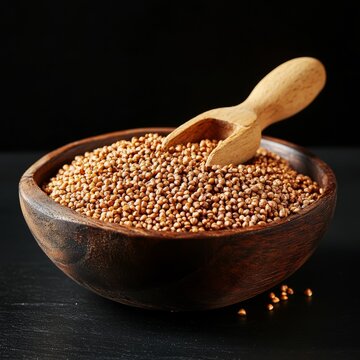Brown buckwheat in wooden bowl and scoop on black.