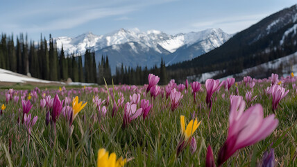 Obraz premium A spring meadow bursting with vibrant blooms, set against distant snowy peaks