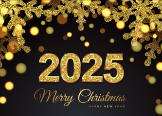 Christmas banner 2025 golden snowflakes on top. Golden glitter and bright bokeh. Happy New Year Realistic Illustration Black Background Vector
