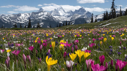 Obraz premium A spring meadow bursting with vibrant blooms, set against distant snowy peaks