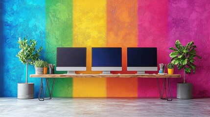 Creative Workspace with Dual Monitors Showcasing Vibrant Design Palettes for Graphic Projects