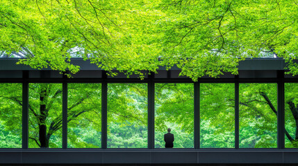 Fototapeta premium serene view of person sitting by large windows surrounded by lush greenery