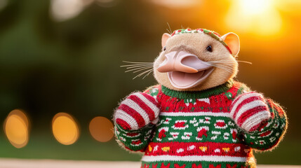 Naklejka premium cheerful platypus wearing festive holiday sweater smiles joyfully