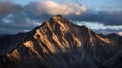 A sunlit mountain peak with deep shadows accentuating its sharp ridges