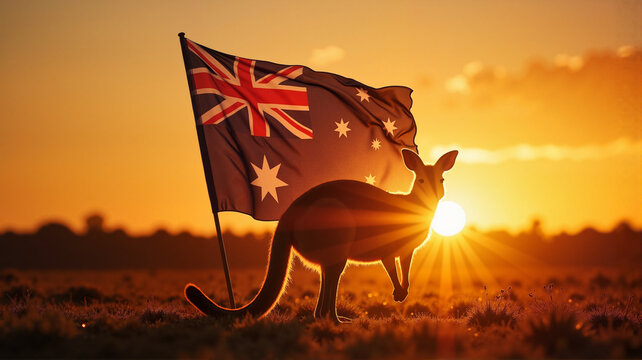 Kangaroo holding an Australian flag at sunset in the outback