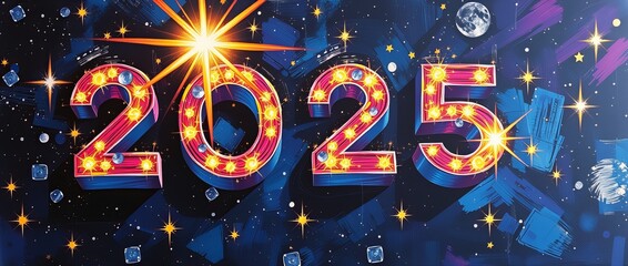 Napis 3 D 2025 ma granatowym tle - ilustracja farbami, baner panaromiczny