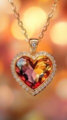 Heart-shaped gold pendant necklace with a vibrant gemstone and diamond accents, glowing against a warm bokeh background, AI