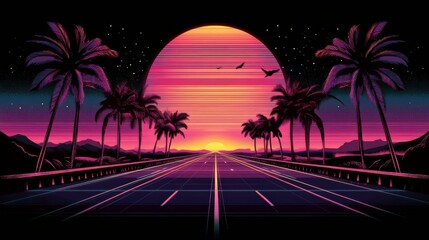 Vibrant sunset over an empty road with palm trees and a dreamy sky