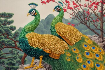 Two peacocks display their magnificent plumage against a backdrop of green trees and red plum blossoms. The embroidery captures intricate details and vibrant colors remarkably