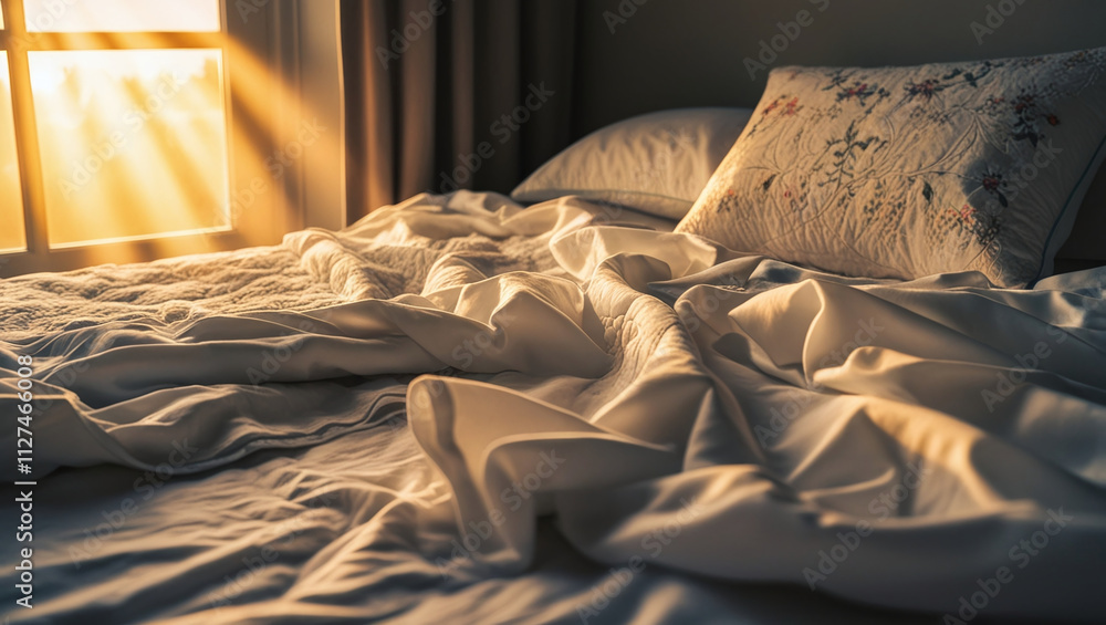 Poster a bed is shown with a crumpled white sheet on it. there is also a pillow with a floral pattern on th