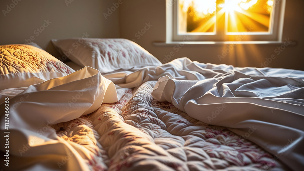 Poster a bed is shown with a crumpled white sheet on it. there is also a pillow with a floral pattern on th