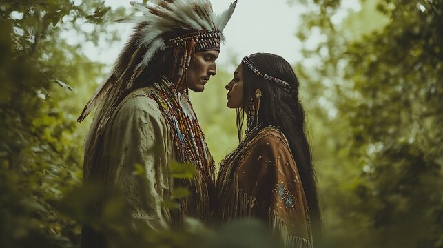 Native American couple in traditional clothing gazing at each other in a forest.