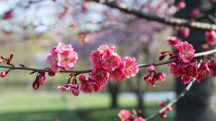 Obraz premium Beautiful Blooming Cherry Blossom Branch in Early Spring. Stunning close-up of pink cherry blossoms on a branch against a serene background, evoking tranquility and beauty of spring.