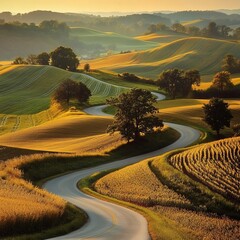 Farmland with road through it.