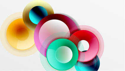 Sleek vector design with overlapping circles in vibrant colors and smooth gradients. Dynamic composition with depth, symmetry, and minimalistic elegance on a light background