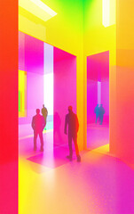 Fototapeta premium Abstract Neon Gradient Design with Geometric Shapes and Human Silhouettes for Modern Creative Concepts