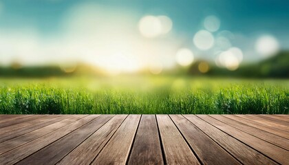wooden deck with blurred meadow background