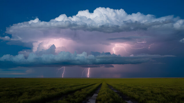 A thunderstorm rolling over a flat plain, with lightning illuminating the clouds