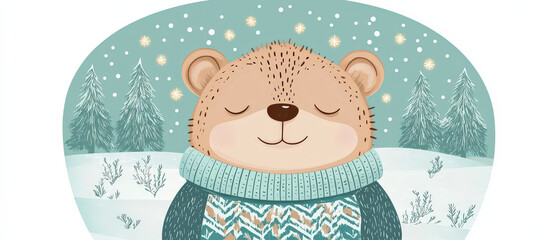 Fototapeta premium Cozy bear in winter landscape with snowflakes falling