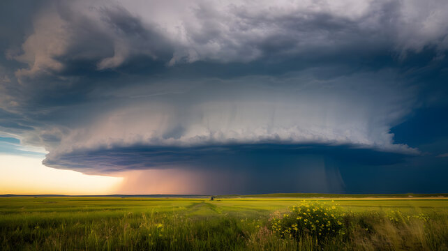A thunderstorm rolling over a flat plain, with lightning illuminating the clouds