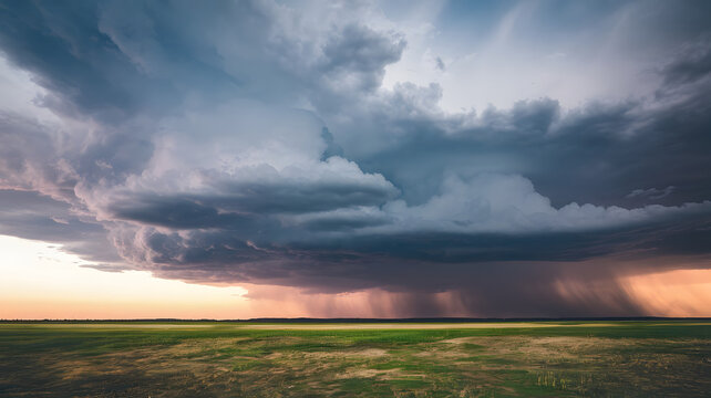 A thunderstorm rolling over a flat prairie