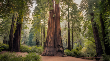 A towering redwood tree in an ancient forest