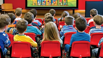 Children watching a colorful animated presentation.