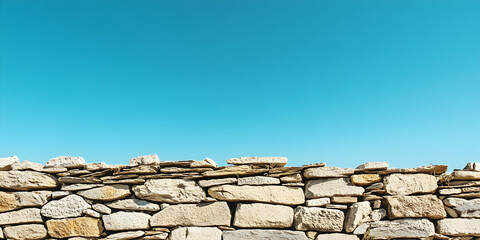 Weathered remnants of a stone wall standing against a bright, cloudless sky