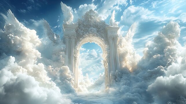 Angels fly in a heaven gate made of clouds 