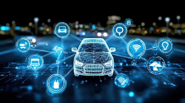 Digital car with connected technology icons.
