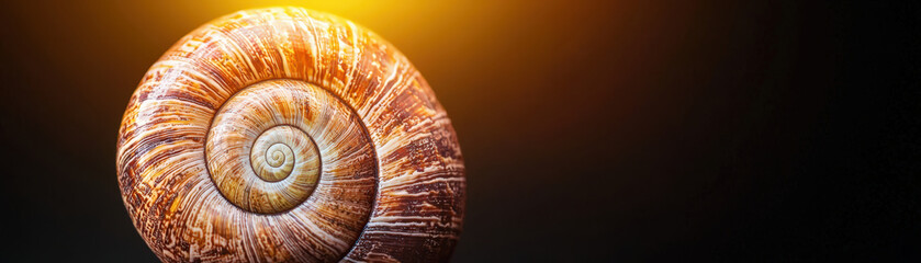 close up view of beautifully patterned snail shell, showcasing intricate details and textures, illuminated by warm light