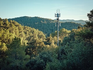 Obraz premium Cell Tower in Lush Green Forest Mountain Landscape