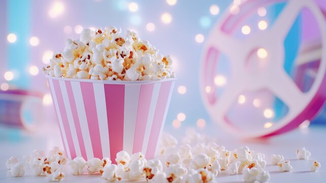 Movie night popcorn in striped pink bucket with film reel background ,National Popcorn Day - Powered by Adobe