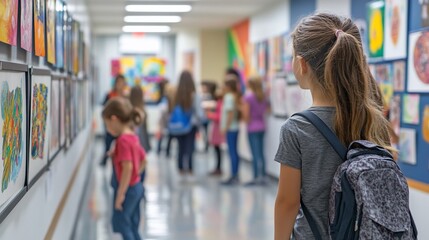 School hallway art exhibition with children viewing artwork.