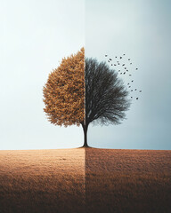 Minimalist tree divided between autumn and winter, symbolizing duality, seasonal change and the transition from life to death. Ideal for concepts of nature, climate change and visual reflection.