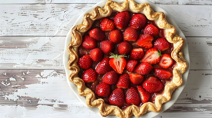 Delicious homemade strawberry pie with flaky crust on rustic wooden table.