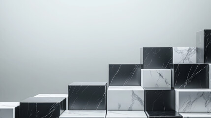 Minimalist geometric podium with black and white marble blocks arranged artistically. Perfect for showcasing products or presentations