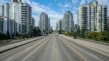 Urban landscape featuring modern buildings and road.