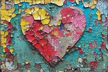 Colorful heart mural showing peeling paint on a vibrant wall in a city, reflecting urban art and decay