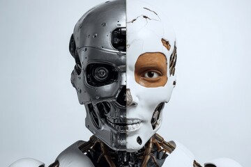 Unique fusion of metal and terracotta elements creates a striking futuristic figure. The design showcases an innovative approach to science and technology with a captivating aesthetic